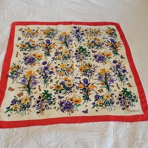 Floral Silk Scarf with Red Border
